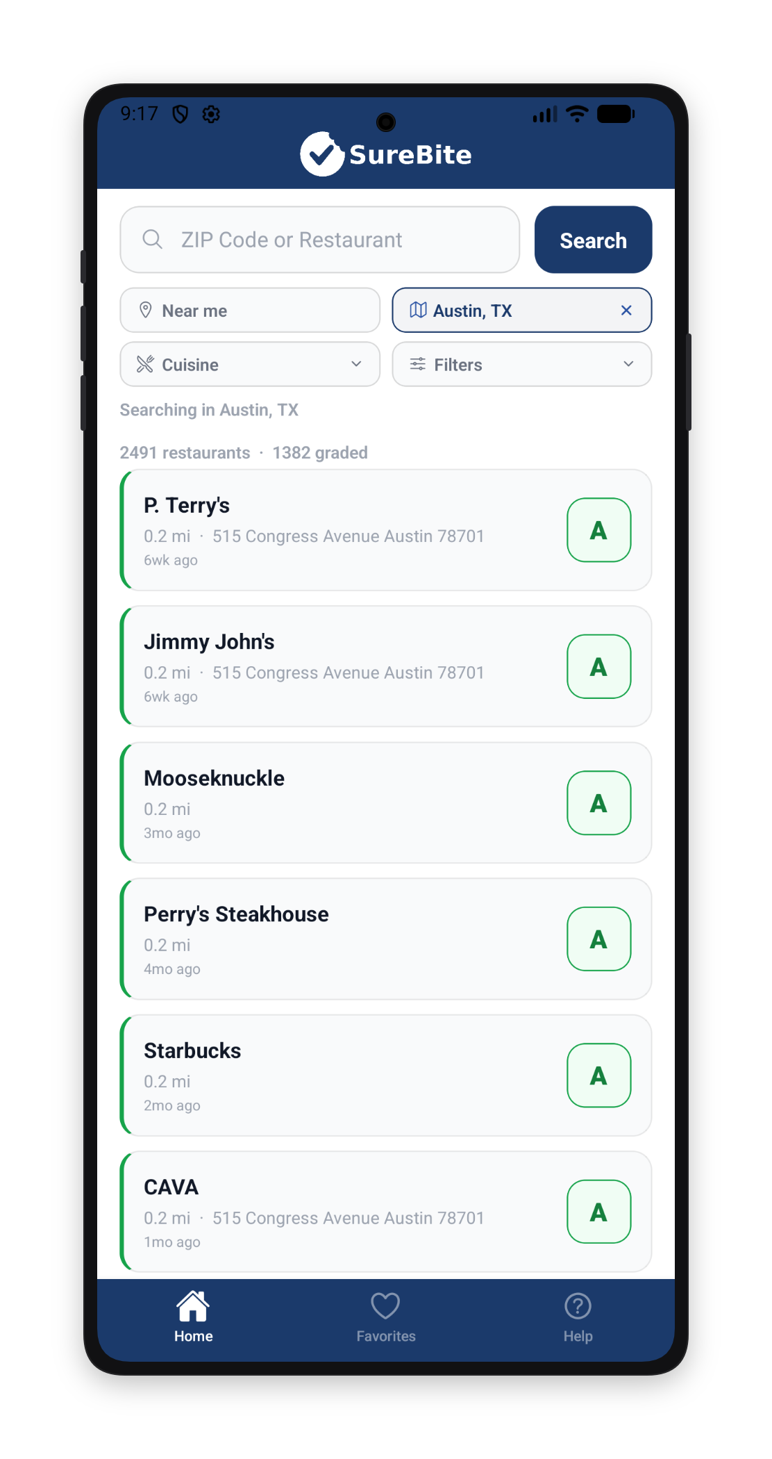 SureVera app — search restaurants by city and see health grades